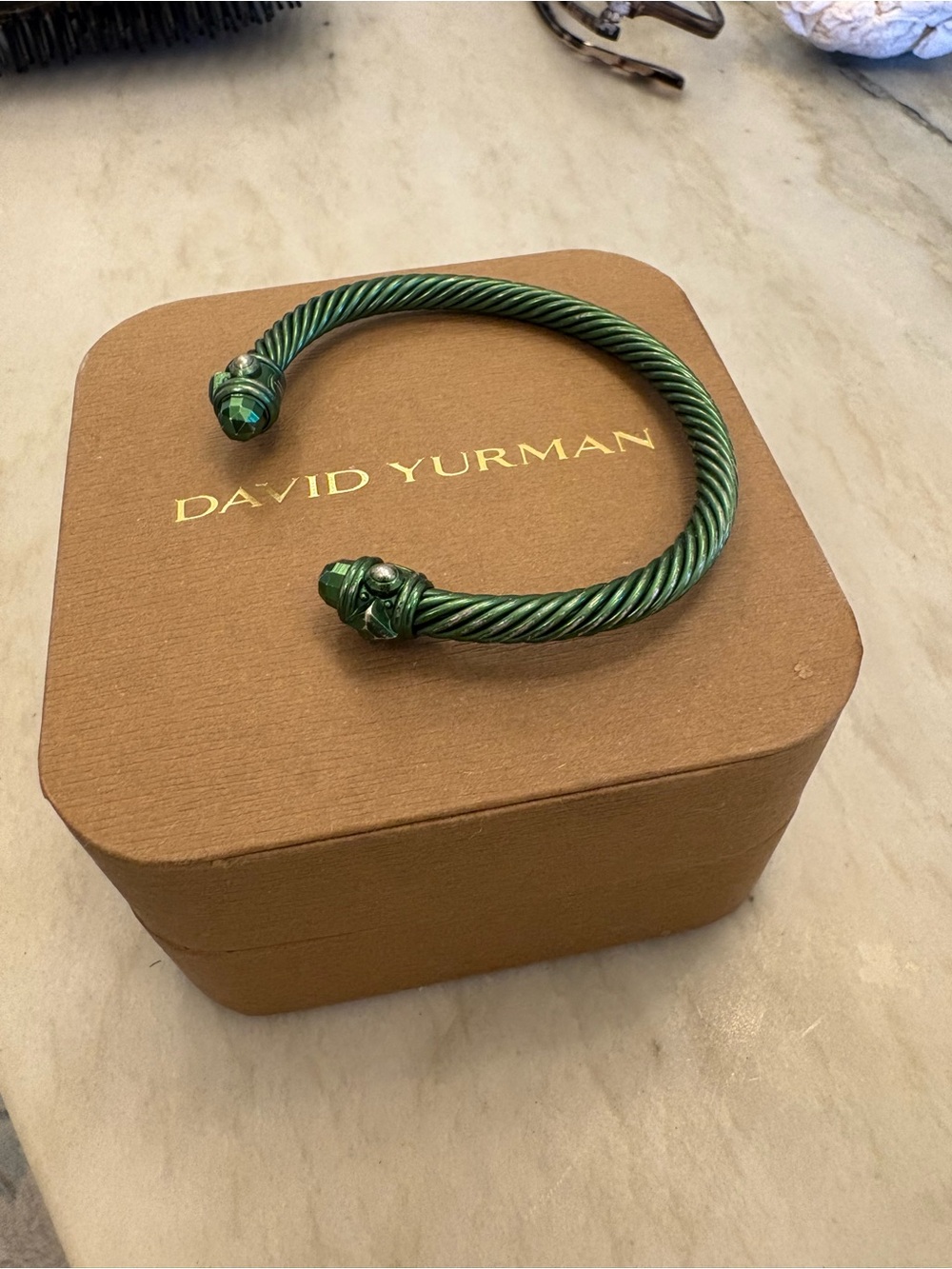 David Yurman Emerald-Tone Cable Bracelet with Stone-Set Terminals